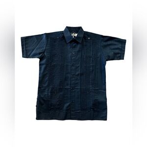 Men’s Linen Black Guayabera with Black Embroidery Short Sleeve